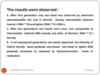 The results were observed :
4. After first generation only one band was observed by ultraviolet
absorption(260 nm) and it showed density intermediate between
heavier ( DNA 15 N) and lighter (DNA 14 N ) DNA s.
5. After two generations two bands were seen, one comparable to
Intermediate (Hybrid) DNA density and other of Normal ( DNA 14 N )
density.
6. In all subsequent generations two bands appeared, but intensity of
Hybrid density band gradually decreased and band of lighter DNA
gradually increased as expected by Semiconservative mode of
replication.
6/15/2013DNA REPLICATION Part-I14
 