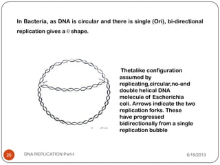 6/15/2013DNA REPLICATION Part-I26
Thetalike configuration
assumed by
replicating,circular,no-end
double helical DNA
molecule of Escherichia
coli. Arrows indicate the two
replication forks. These
have progressed
bidirectionally from a single
replication bubble
In Bacteria, as DNA is circular and there is single (Ori), bi-directional
replication gives a shape.
 