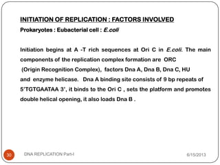 INITIATION OF REPLICATION : FACTORS INVOLVED
Prokaryotes : Eubacterial cell : E.coli
Initiation begins at A -T rich sequences at Ori C in E.coli. The main
components of the replication complex formation are ORC
(Origin Recognition Complex), factors Dna A, Dna B, Dna C, HU
and enzyme helicase. Dna A binding site consists of 9 bp repeats of
5’TGTGAATAA 3’, it binds to the Ori C , sets the platform and promotes
double helical opening, it also loads Dna B .
6/15/2013DNA REPLICATION Part-I30
 