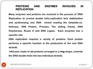 PROTEINS AND ENZYMES INVOLVED IN
REPLICATION
Many enzymes and proteins are involved in the process of DNA
Replication to unwind double helix,replication fork stabilization
and synthesizing new DNA strand reading the template.viz.
Helicase, SSB Protein, Primase, The sliding Clamp, DNA
Polymerase, Rnase H and DNA Ligase. Each enzymes has a
specific role.
DNA replication requires a variety of proteins. Each protein
performs a specific function in the production of the new DNA
strands.
Helicase, made of six proteins arranged in a ring shape, unwinds
the DNA double helix into two individual strands.
6/15/2013DNA REPLICATION Part-I38
 