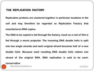 THE REPLICATION FACTORY
Replication proteins are clustered together in particular locations in the
cell and may therefore be regarded as Replication Factory that
manufactures DNA copies.
The DNA to be copied is fed through the factory, much as a reel of film is
fed through a movie projector. The incoming DNA double helix is split
into two single strands and each original strand becomes half of a new
double helix. Because each resulting DNA double helix retains one
strand of the original DNA. DNA replication is said to be semi-
conservative
6/15/2013DNA REPLICATION Part-I8
 