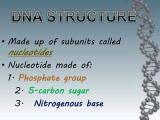 • Made up of subunits called
nucleotides
• Nucleotide made of:
1. Phosphate group
2. 5-carbon sugar
3. Nitrogenous base
 