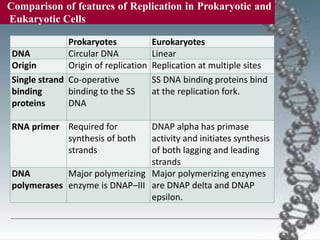 Prokaryotes Eurokaryotes
DNA Circular DNA Linear
Origin Origin of replication Replication at multiple sites
Single strand
binding
proteins
Co-operative
binding to the SS
DNA
SS DNA binding proteins bind
at the replication fork.
RNA primer Required for
synthesis of both
strands
DNAP alpha has primase
activity and initiates synthesis
of both lagging and leading
strands
DNA
polymerases
Major polymerizing
enzyme is DNAP–III
Major polymerizing enzymes
are DNAP delta and DNAP
epsilon.
Comparison of features of Replication in Prokaryotic and
Eukaryotic Cells
 