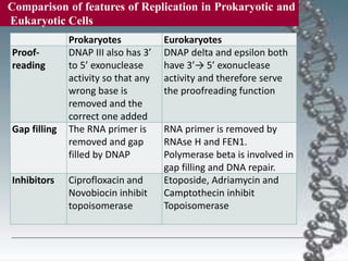 Prokaryotes Eurokaryotes
Proof-
reading
DNAP III also has 3’
to 5’ exonuclease
activity so that any
wrong base is
removed and the
correct one added
DNAP delta and epsilon both
have 3’→ 5’ exonuclease
activity and therefore serve
the proofreading function
Gap filling The RNA primer is
removed and gap
filled by DNAP
RNA primer is removed by
RNAse H and FEN1.
Polymerase beta is involved in
gap filling and DNA repair.
Inhibitors Ciprofloxacin and
Novobiocin inhibit
topoisomerase
Etoposide, Adriamycin and
Camptothecin inhibit
Topoisomerase
Comparison of features of Replication in Prokaryotic and
Eukaryotic Cells
 