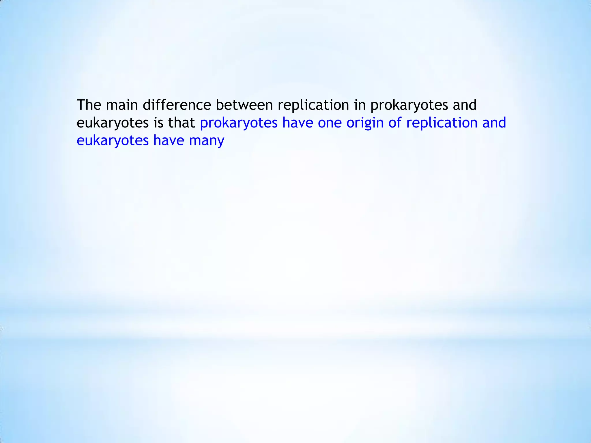 The main difference between replication in prokaryotes and
eukaryotes is that prokaryotes have one origin of replication and
eukaryotes have many
 