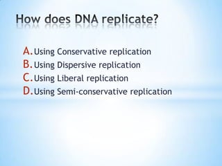 A. Using Conservative replication
B. Using Dispersive replication
C.Using Liberal replication
D.Using Semi-conservative replication
 
