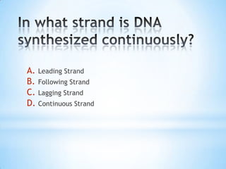 A. Leading Strand
B. Following Strand
C. Lagging Strand
D. Continuous Strand
 