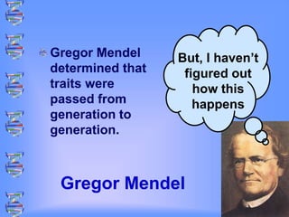 Gregor Mendel
Gregor Mendel
determined that
traits were
passed from
generation to
generation.
But, I haven’t
figured out
how this
happens
 