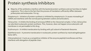 Protein synthesis Inhibitors
■ Majority of the antibiotics interfere with the bacterial protein synthesis and are harmless to higher
organisms.This is due to the fact that the process of translation sufficiently differs between
prokaryotes and eukaryotes. For eg :
Streptomycin : Initiation of protein synthesis is inhibited by streptomycin. lt causes misreading of
mRNA and interferes with the normal pairing between codons and anticodons.
Tetracycline : It inhibits the binding of aminoacyl tRNA to the ribosomal complex. In fact, tetracycline
can also block eukaryotic protein synthesis.This, however, does not happen since eukaryotic cell
membrane is not permeable to this drug.
Erythromycin : It inhibits translocation by binding with 50S subunit of bacterial ribosome.
Diphtheria toxin : It prevents translocation in eukaryotic protein synthesis by inactivatingelongation
factor eEF2.
Chloramphenicol : It acts as a competitive inhibitor of the enzyme peptidyl transferase and thus
interferes with elongation of peptide chain.
 