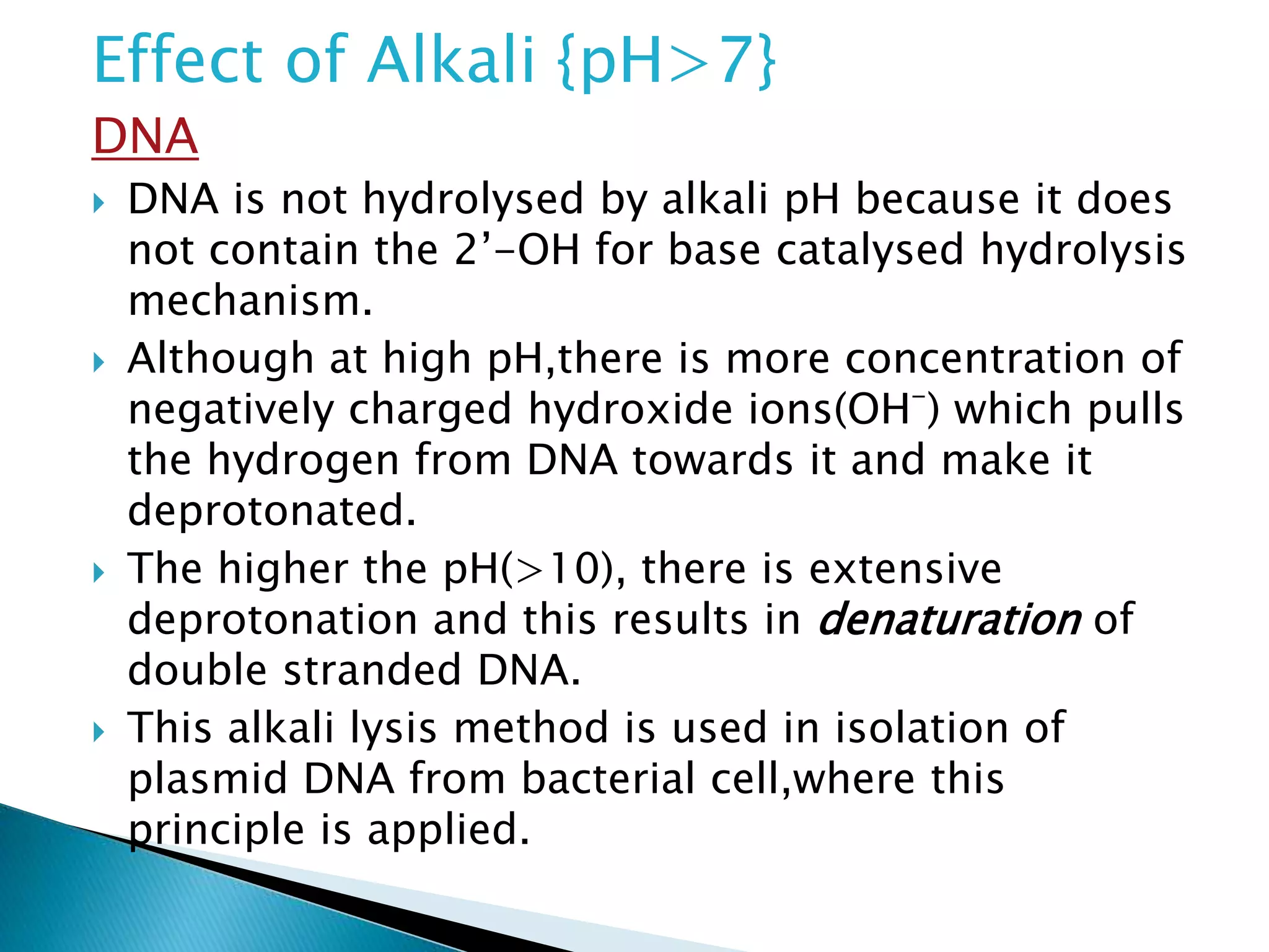Effect of Alkali {pH>7}
DNA
 DNA is not hydrolysed by alkali pH because it does
not contain the 2’-OH for base catalysed hydrolysis
mechanism.
 Although at high pH,there is more concentration of
negatively charged hydroxide ions(OH-
) which pulls
the hydrogen from DNA towards it and make it
deprotonated.
 The higher the pH(>10), there is extensive
deprotonation and this results in denaturation of
double stranded DNA.
 This alkali lysis method is used in isolation of
plasmid DNA from bacterial cell,where this
principle is applied.
 