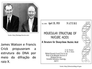 Fonte: http://biology-forums.com
Fonte: http://directorsblog.nih.gov
James Watson e Francis
Crick propuseram a
estrutura do DNA por
meio da difração de
raio X.
 
