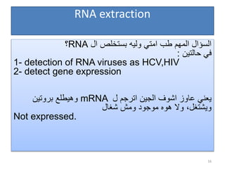 RNA extraction
‫ال‬ ‫بستخلص‬ ‫وليه‬ ‫امتي‬ ‫طب‬ ‫المهم‬ ‫السؤال‬
RNA
‫؟‬
‫حالتين‬ ‫في‬
:
1- detection of RNA viruses as HCV,HIV
2- detect gene expression
‫ل‬ ‫اترجم‬ ‫الجين‬ ‫اشوف‬ ‫عاوز‬ ‫يعني‬
mRNA
‫بروتين‬ ‫وهيطلع‬
‫شغال‬ ‫ومش‬ ‫موجود‬ ‫هوه‬ ‫وال‬ ،‫ويشتغل‬
Not expressed.
16
 