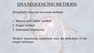 DNA SEQUENCING METHODS
Historically there are two main methods:
1. Maxam and Gilbert method
2. Sanger method
3. Automated ...