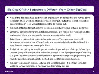 Big Data Of DNA Sequence Is Different From Other Big Data

   Most of the databases have built in search engines with predefined filters to narrow down
     the search. Those web based tools also restrict the input / output file format. Integrating
     customized search tools with databases need to be worked out.
   Too much of tool customization limits the interoperability in various software platforms
   Comparing conventional RDBMS databases, there is no Dev region, Test region or sand box
     environment where one can test the tools, scripts and queries freely
   Data mining is not confined to one or few data sources. There are more than 1300
     databases – some are primary (Tables) and some are derived databases(Table Views). It’s
     likely the data is replicated in many databases.
   Analytics is not looking for matching exact search string or a cluster of strings defined by a
     complex query with multiple joins and unions. Analysis is mostly on percentage of matching
     of a given sequence. A variety of computational algorithms like dynamic programming and
     heuristic algorithms or probabilistic methods are used for sequence alignment.
   Too many tools, search engines, software and script languages - it is difficult to find or
     validate a software component framework / a technology tool box.

18-Nov-12                                                                                            8
 