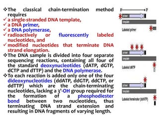 The classical chain-termination method
requires
a single-stranded DNA template,
a DNA primer,
a DNA polymerase,
radioactively or fluorescently labeled
nucleotides, and
modified nucleotides that terminate DNA
strand elongation.
The DNA sample is divided into four separate
sequencing reactions, containing all four of
the standard deoxynucleotides (dATP, dGTP,
dCTP and dTTP) and the DNA polymerase.
To each reaction is added only one of the four
dideoxynucleotides (ddATP, ddGTP, ddCTP, or
ddTTP) which are the chain-terminating
nucleotides, lacking a 3'-OH group required for
the formation of a phosphodiester
bond between two nucleotides, thus
terminating DNA strand extension and
resulting in DNA fragments of varying length.
 