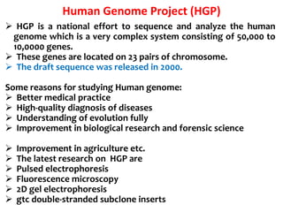 Human Genome Project (HGP)
 HGP is a national effort to sequence and analyze the human
genome which is a very complex system consisting of 50,000 to
10,0000 genes.
 These genes are located on 23 pairs of chromosome.
 The draft sequence was released in 2000.
Some reasons for studying Human genome:
 Better medical practice
 High-quality diagnosis of diseases
 Understanding of evolution fully
 Improvement in biological research and forensic science
 Improvement in agriculture etc.
 The latest research on HGP are
 Pulsed electrophoresis
 Fluorescence microscopy
 2D gel electrophoresis
 gtc double-stranded subclone inserts
 
