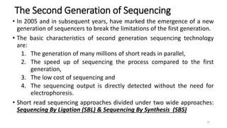The Second Generation of Sequencing
• In 2005 and in subsequent years, have marked the emergence of a new
generation of sequencers to break the limitations of the first generation.
• The basic characteristics of second generation sequencing technology
are:
1. The generation of many millions of short reads in parallel,
2. The speed up of sequencing the process compared to the first
generation,
3. The low cost of sequencing and
4. The sequencing output is directly detected without the need for
electrophoresis.
• Short read sequencing approaches divided under two wide approaches:
Sequencing By Ligation (SBL) & Sequencing By Synthesis (SBS)
29
 