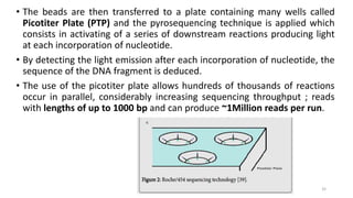 • The beads are then transferred to a plate containing many wells called
Picotiter Plate (PTP) and the pyrosequencing technique is applied which
consists in activating of a series of downstream reactions producing light
at each incorporation of nucleotide.
• By detecting the light emission after each incorporation of nucleotide, the
sequence of the DNA fragment is deduced.
• The use of the picotiter plate allows hundreds of thousands of reactions
occur in parallel, considerably increasing sequencing throughput ; reads
with lengths of up to 1000 bp and can produce ~1Million reads per run.
32
 