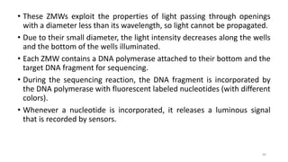 • These ZMWs exploit the properties of light passing through openings
with a diameter less than its wavelength, so light cannot be propagated.
• Due to their small diameter, the light intensity decreases along the wells
and the bottom of the wells illuminated.
• Each ZMW contains a DNA polymerase attached to their bottom and the
target DNA fragment for sequencing.
• During the sequencing reaction, the DNA fragment is incorporated by
the DNA polymerase with fluorescent labeled nucleotides (with different
colors).
• Whenever a nucleotide is incorporated, it releases a luminous signal
that is recorded by sensors.
49
 