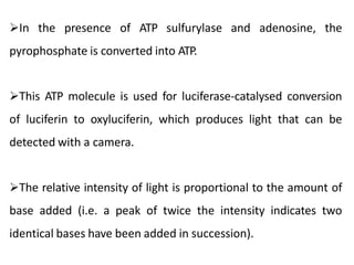 In the presence of ATP sulfurylase and adenosine, the
pyrophosphate is converted into ATP.
This ATP molecule is used for luciferase-catalysed conversion
of luciferin to oxyluciferin, which produces light that can be
detected with a camera.
The relative intensity of light is proportional to the amount of
base added (i.e. a peak of twice the intensity indicates two
identical bases have been added in succession).
 