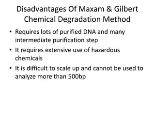Disadvantages Of Maxam & Gilbert
Chemical Degradation Method
• Requires lots of purified DNA and many
intermediate purification step
• It requires extensive use of hazardous
chemicals
• It is difficult to scale up and cannot be used to
analyze more than 500bp
 