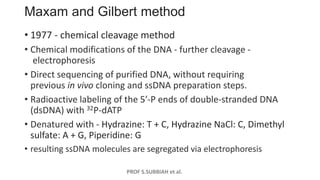 PROF S.SUBBIAH et al.
Maxam and Gilbert method
• 1977 - chemical cleavage method
• Chemical modifications of the DNA - further cleavage -
electrophoresis
• Direct sequencing of purified DNA, without requiring
previous in vivo cloning and ssDNA preparation steps.
• Radioactive labeling of the 5′-P ends of double-stranded DNA
(dsDNA) with 32P-dATP
• Denatured with - Hydrazine: T + C, Hydrazine NaCl: C, Dimethyl
sulfate: A + G, Piperidine: G
• resulting ssDNA molecules are segregated via electrophoresis
 