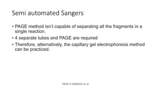 PROF S.SUBBIAH et al.
Semi automated Sangers
• PAGE method isn’t capable of separating all the fragments in a
single reaction.
• 4 separate tubes and PAGE are required
• Therefore, alternatively, the capillary gel electrophoresis method
can be practiced.
 