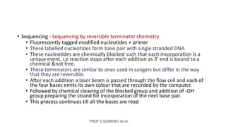 PROF S.SUBBIAH et al.
• Sequencing - Sequencing by reversible terminator chemistry
• Fluorescently tagged modified nucleotides + primer
• These labelled nucleotides form base pair with single stranded DNA
• These nucleotides are chemically blocked such that each incorporation is a
unique event, i.e reaction stops after each addition as 3’ end is bound to a
chemical &not free.
• These terminators are similar to ones used in sangers but differ in the way
that they are reversible.
• After each addition a laser beam is passed through the flow cell and each of
the four bases emits its own colour that are recorded by the computer.
• Followed by chemical cleaving of the blocked group and addition of -OH
group preparing the strand for incorporation of the next base pair.
• This process continues till all the bases are read
 