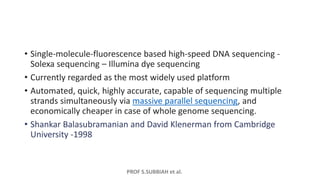 PROF S.SUBBIAH et al.
• Single-molecule-fluorescence based high-speed DNA sequencing -
Solexa sequencing – Illumina dye sequencing
• Currently regarded as the most widely used platform
• Automated, quick, highly accurate, capable of sequencing multiple
strands simultaneously via massive parallel sequencing, and
economically cheaper in case of whole genome sequencing.
• Shankar Balasubramanian and David Klenerman from Cambridge
University -1998
 