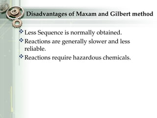 Disadvantages of Maxam and Gilbert method
Less Sequence is normally obtained.
Reactions are generally slower and less
reliable.
Reactions require hazardous chemicals.
 