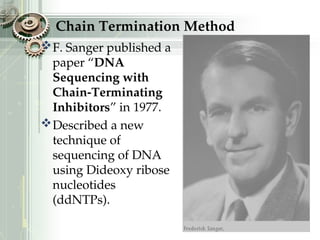 Chain Termination Method
F. Sanger published a
paper “DNA
Sequencing with
Chain-Terminating
Inhibitors” in 1977.
Described a new
technique of
sequencing of DNA
using Dideoxy ribose
nucleotides
(ddNTPs).
 