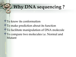 Why DNA sequencing ?
To know its conformation
To make prediction about its function
To facilitate manipulation of DNA molecule
To compare two molecules i.e. Normal and
Mutant
 