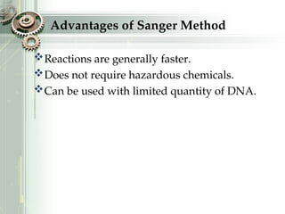 Advantages of Sanger Method
Reactions are generally faster.
Does not require hazardous chemicals.
Can be used with limited quantity of DNA.
 