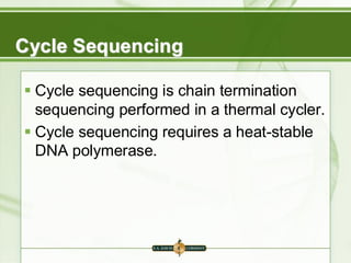 Cycle Sequencing
▪ Cycle sequencing is chain termination
sequencing performed in a thermal cycler.
▪ Cycle sequencing requires a heat-stable
DNA polymerase.
 