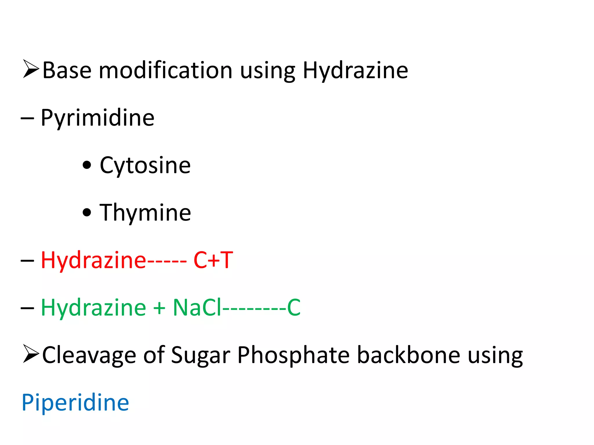 Base modification using Hydrazine
– Pyrimidine
• Cytosine
• Thymine
– Hydrazine----- C+T
– Hydrazine + NaCl--------C
Cleavage of Sugar Phosphate backbone using
Piperidine
 