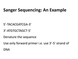 Sanger Sequencing: An Example
5’-TACACGATCGA-3’
3’-ATGTGCTAGCT-5’
Denature the sequence
Use only forward primer i.e. use 3’-5’ strand of
DNA
 