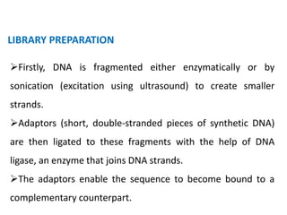LIBRARY PREPARATION
Firstly, DNA is fragmented either enzymatically or by
sonication (excitation using ultrasound) to create smaller
strands.
Adaptors (short, double-stranded pieces of synthetic DNA)
are then ligated to these fragments with the help of DNA
ligase, an enzyme that joins DNA strands.
The adaptors enable the sequence to become bound to a
complementary counterpart.
 