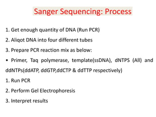1. Get enough quantity of DNA (Run PCR)
2. Aliqot DNA into four different tubes
3. Prepare PCR reaction mix as below:
• Primer, Taq polymerase, template(ssDNA), dNTPS (All) and
ddNTPs(ddATP, ddGTP,ddCTP & ddTTP respectively)
1. Run PCR
2. Perform Gel Electrophoresis
3. Interpret results
Sanger Sequencing: Process
 