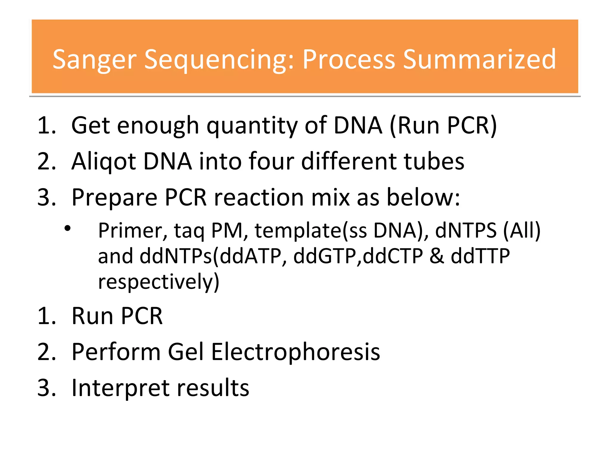 Sanger Sequencing: Process SummarizedSanger Sequencing: Process Summarized
1. Get enough quantity of DNA (Run PCR)
2. Aliqot DNA into four different tubes
3. Prepare PCR reaction mix as below:
• Primer, taq PM, template(ss DNA), dNTPS (All)
and ddNTPs(ddATP, ddGTP,ddCTP & ddTTP
respectively)
1. Run PCR
2. Perform Gel Electrophoresis
3. Interpret results
 