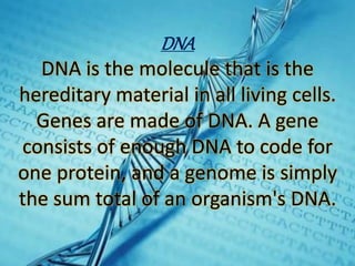 DNA
DNA is the molecule that is the
hereditary material in all living cells.
Genes are made of DNA. A gene
consists of enough DNA to code for
one protein, and a genome is simply
the sum total of an organism's DNA.
 