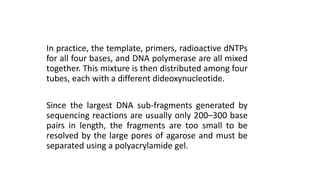 In practice, the template, primers, radioactive dNTPs
for all four bases, and DNA polymerase are all mixed
together. This mixture is then distributed among four
tubes, each with a different dideoxynucleotide.
Since the largest DNA sub-fragments generated by
sequencing reactions are usually only 200–300 base
pairs in length, the fragments are too small to be
resolved by the large pores of agarose and must be
separated using a polyacrylamide gel.
 