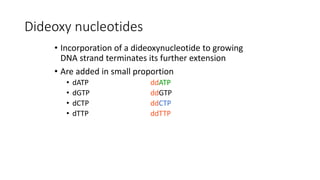 Dideoxy nucleotides
• Incorporation of a dideoxynucleotide to growing
DNA strand terminates its further extension
• Are added in small proportion
• dATP ddATP
• dGTP ddGTP
• dCTP ddCTP
• dTTP ddTTP
 