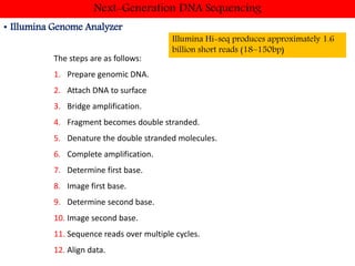 Next-Generation DNA Sequencing
• Illumina Genome Analyzer
The steps are as follows:
1. Prepare genomic DNA.
2. Attach DNA to surface
3. Bridge amplification.
4. Fragment becomes double stranded.
5. Denature the double stranded molecules.
6. Complete amplification.
7. Determine first base.
8. Image first base.
9. Determine second base.
10. Image second base.
11. Sequence reads over multiple cycles.
12. Align data.
Illumina Hi-seq produces approximately 1.6
billion short reads (18–150bp)
 