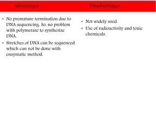 Advantages Disadvantages
 No premature termination due to
DNA sequencing. So, no problem
with polymerase to synthesize
DNA.
 Stretches of DNA can be sequenced
which can not be done with
enzymatic method.
 Not widely used.
 Use of radioactivity and toxic
chemicals.
 