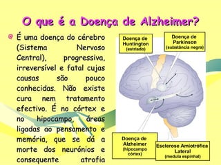 O que é a Doença de Alzheimer? É uma doença do cérebro (Sistema Nervoso Central), progressiva, irreversível e fatal cujas causas são pouco conhecidas. Não existe cura nem tratamento efectivo. É no córtex e no hipocampo, áreas ligadas ao pensamento e memória, que se dá a morte dos neurónios e consequente atrofia cerebral. Doença de  Huntington (estriado) Doença de  Parkinson (substância negra) Doença de  Alzheimer (hipocampo córtex) Esclerose Amiotrófica  Lateral (medula espinhal) 