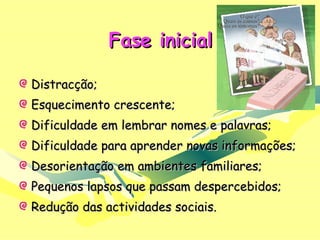 Fase inicial Distracção;  Esquecimento crescente;  Dificuldade em lembrar nomes e palavras; Dificuldade para aprender novas informações; Desorientação em ambientes familiares; Pequenos lapsos que passam despercebidos;  Redução das actividades sociais. 