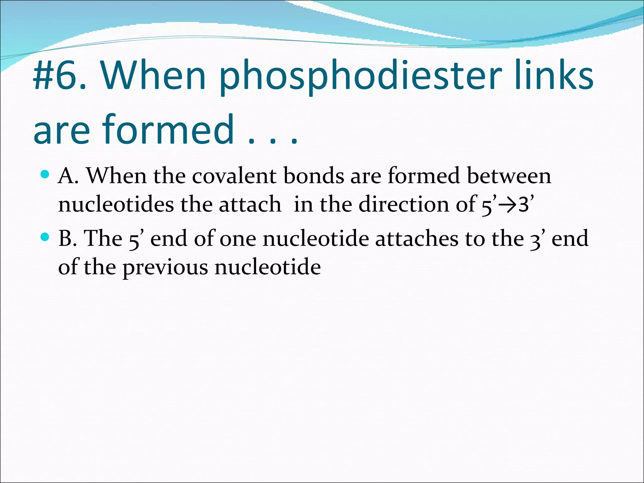#6. When phosphodiester links are formed . . .  A. When the covalent bonds are formed between nucleotides the attach  in the direction of 5’ ->3 ’ B. The 5’ end of one nucleotide attaches to the 3’ end of the previous nucleotide 