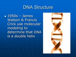 DNA Structure 1950s – James Watson & Francis Crick use molecular modeling to determine that DNA is a double helix 