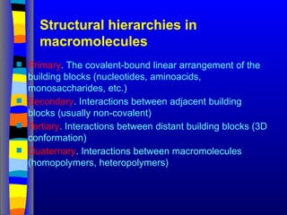 Structural hierarchies in
macromolecules
 Primary. The covalent-bound linear arrangement of the
building blocks (nucleotides, aminoacids,
monosaccharides, etc.)
 Secondary. Interactions between adjacent building
blocks (usually non-covalent)
 Tertiary. Interactions between distant building blocks (3D
conformation)
 Quaternary. Interactions between macromolecules
(homopolymers, heteropolymers)
 