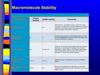 Macromolecule Stability
Energetic Term
Protein
Stability
dsDNA stability Comments
Hydrogen bonds + ++
Although the TM of dsDNA increases as the GC content
increases, this effect is due mainly to differences in stacking
interactions, the larger number of hydrogen bonds in GC
base pairs plays a small role in affecting TM.
Electrostatic
interactions
0 --
Charge-charge repulsion of the phosphate groups in DNA
lead to destabilization. Therefore DNA is more stable when
the salt concentration increases.
Van der Waals ++ ++++++
There are very strong induced dipole interactions between
the bases, much stronger than between the non-polar
sidechains in folded proteins. The stronger base stacking
with GC base pairs, versus AT base pairs, leads to an
increase in TM as the GC content increases.
Conformational
Entropy
------- -------
ssDNA has many conformations, just like an unfolded
protein.
Hydrophobic effect
(ΔSwater) ++++ ++
Bases are somewhat polar to start with, and are more
solvated in dsDNA than aminoacid sidechains in the core of
folded proteins.
 